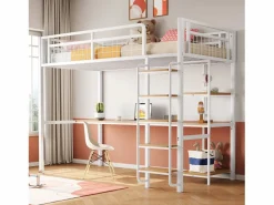 Hot Merax Cama alta 90 x 200 cm con escritorio y estantes de almacenaje - Metal y MDF - para niños - Blanco