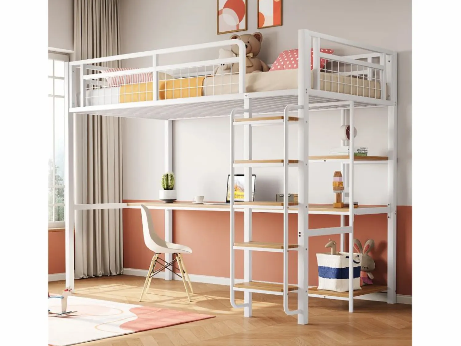 Hot Merax Cama alta 90 x 200 cm con escritorio y estantes de almacenaje - Metal y MDF - para niños - Blanco
