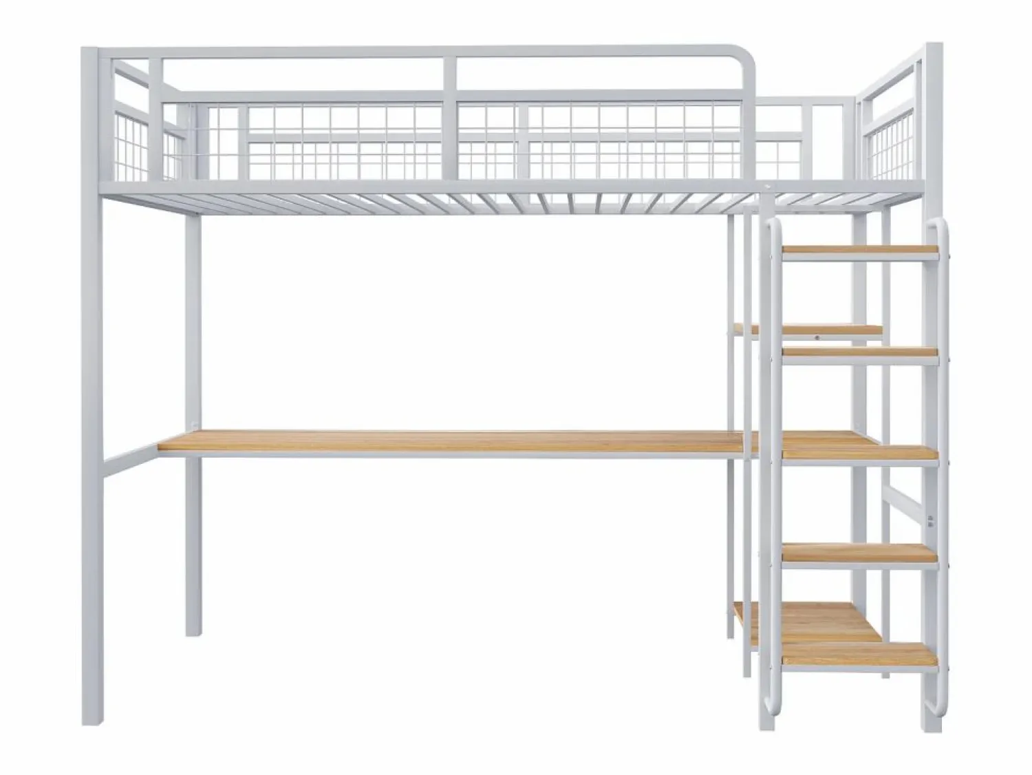 Hot Merax Cama alta 90 x 200 cm con escritorio y estantes de almacenaje - Metal y MDF - para niños - Blanco