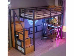 Discount Cama alta 90 x 200 cm con escritorio, armario, estanterías - Iluminación ambiental - Metal - (sin colchón) Cama Alta|Cama Infantil