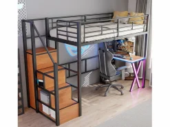 Discount Cama alta 90 x 200 cm con escritorio, armario, estanterías - Iluminación ambiental - Metal - (sin colchón) Cama Alta|Cama Infantil