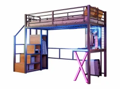 Discount Cama alta 90 x 200 cm con escritorio, armario, estanterías - Iluminación ambiental - Metal - (sin colchón) Cama Alta|Cama Infantil