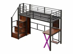 Discount Cama alta 90 x 200 cm con escritorio, armario, estanterías - Iluminación ambiental - Metal - (sin colchón) Cama Alta|Cama Infantil