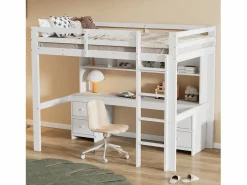 Sale Merax Cama alta 90 x 200 cm con escritorio, librería, cajones y escalera, madera MDF, Blanco