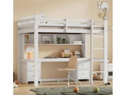 Sale Merax Cama alta 90 x 200 cm con escritorio, librería, cajones y escalera, madera MDF, Blanco