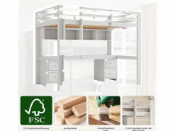 Sale Merax Cama alta 90 x 200 cm con escritorio, librería, cajones y escalera, madera MDF, Blanco
