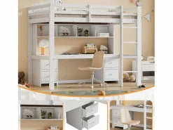 Sale Merax Cama alta 90 x 200 cm con escritorio, librería, cajones y escalera, madera MDF, Blanco
