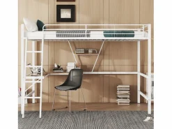 Discount Merax Cama alta 90 x 200 cm con escritorio en L y estante - Metal + MDF - Somier de láminas - Natural (sin colchón) Color natural claro