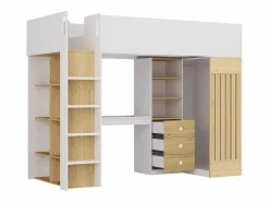 Vente-unique Cama alta 90 x 190 cm con escritorio y armario en color blanco y natural - LORINTI