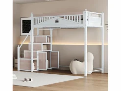 Merax Cama alta 90 x 200 cm con espacio de almacenamiento - Metal + Contrachapado + MDF - Somier de láminas -