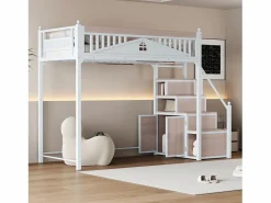 Merax Cama alta 90 x 200 cm con espacio de almacenamiento - Metal + Contrachapado + MDF - Somier de láminas -