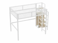 Outlet Hauss Spole Cama alta 140 x 200 cm con estante y armario - Cama infantil de metal y madera - y madera clara Blanco