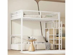 Outlet Hauss Spole Cama alta 140 x 200 cm con estante y armario - Cama infantil de metal y madera - y madera clara Blanco