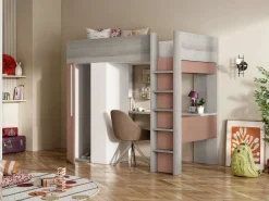 Vente-unique Cama alta armario y escritorio en 90 x 200 cm con colchón Gris blanco y rosa. NICOLAS
