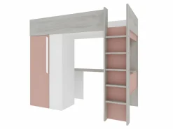 Vente-unique Cama alta armario y escritorio en 90 x 200 cm con colchón Gris blanco y rosa. NICOLAS