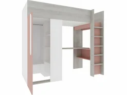 Vente-unique Cama alta armario y escritorio en 90 x 200 cm con colchón Gris blanco y rosa. NICOLAS