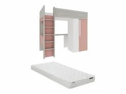 Vente-unique Cama alta armario y escritorio en 90 x 200 cm con colchón Gris blanco y rosa. NICOLAS