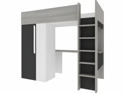 Vente-unique Cama alta armario y escritorio en 90 x 200 cm con colchón Gris blanco y negro NICOLAS II