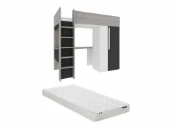 Vente-unique Cama alta armario y escritorio en 90 x 200 cm con colchón Gris blanco y negro NICOLAS II