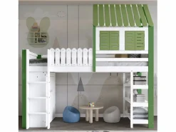 Hauss Spole Cama alta, cama infantil cabina 90x200cm con escalera, armario y estantes de almacenamiento, somier de láminas, sin colchón, color blanco y