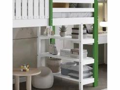 Hauss Spole Cama alta, cama infantil cabina 90x200cm con escalera, armario y estantes de almacenamiento, somier de láminas, sin colchón, color blanco y