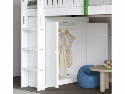 Hauss Spole Cama alta, cama infantil cabina 90x200cm con escalera, armario y estantes de almacenamiento, somier de láminas, sin colchón, color blanco y