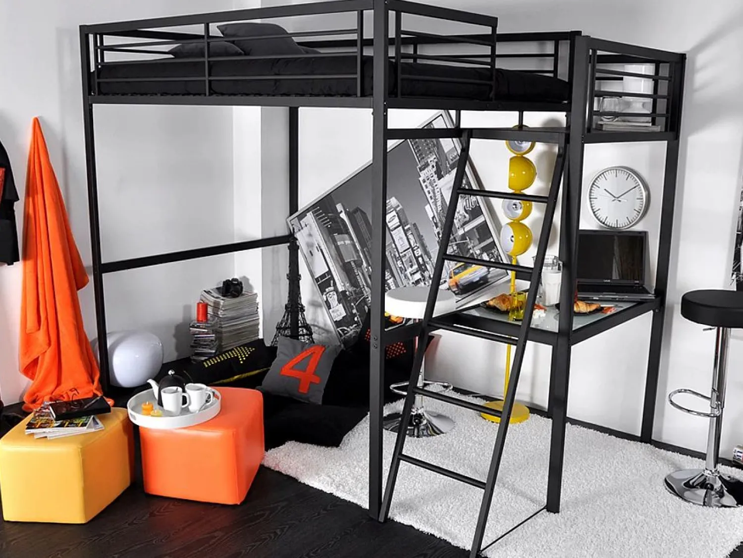 Sale Vente-unique Cama alta CASUALII para 2 personas con escritorio, color , con colchón Blanco