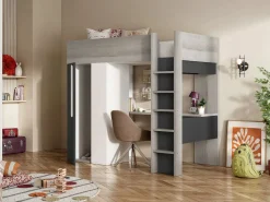 New Vente-unique Cama alta con armario y escritorio en 90 x 200 cm - Gris blanco y negro. NICOLAS Gris antracita / Blanco