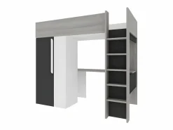 New Vente-unique Cama alta con armario y escritorio en 90 x 200 cm - Gris blanco y negro. NICOLAS Gris antracita / Blanco