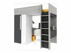 New Vente-unique Cama alta con armario y escritorio en 90 x 200 cm - Gris blanco y negro. NICOLAS Gris antracita / Blanco