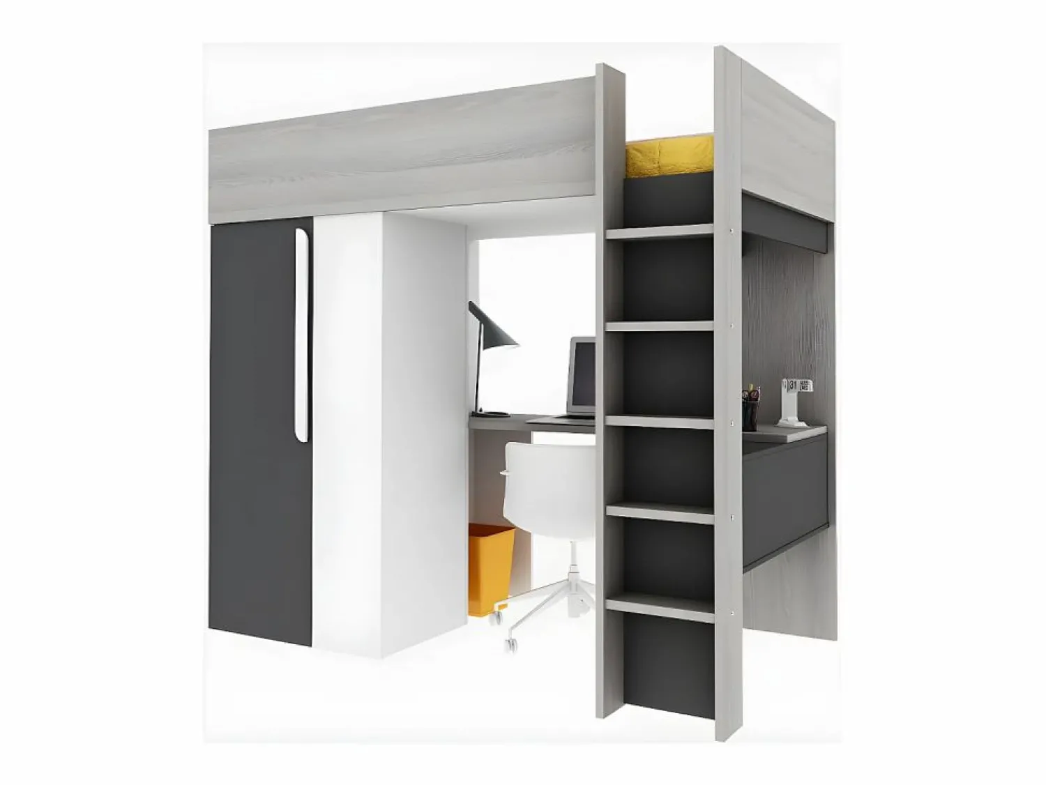 New Vente-unique Cama alta con armario y escritorio en 90 x 200 cm - Gris blanco y negro. NICOLAS Gris antracita / Blanco