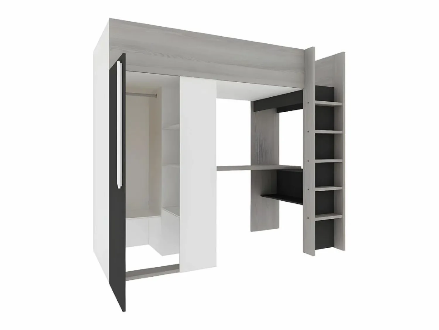 New Vente-unique Cama alta con armario y escritorio en 90 x 200 cm - Gris blanco y negro. NICOLAS Gris antracita / Blanco