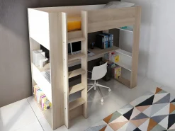 Vente-unique Cama alta con escritorio y almacenaje, 90 x 200 cm, roble y blanco, con colchón NOAH