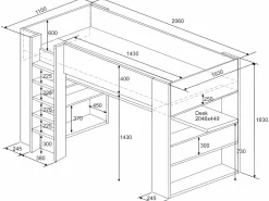 Vente-unique Cama alta con escritorio y almacenaje, 90 x 200 cm, roble y blanco, con colchón NOAH