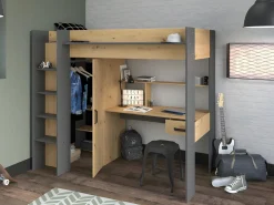 Vente-unique Cama alta con escritorio y armario 90 x 200 cm natural y antracita. AUCKLAND