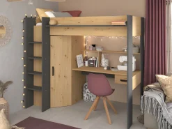 Vente-unique Cama alta con escritorio y armario 90 x 200 cm natural y antracita. AUCKLAND