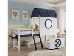 Outlet Cama alta de 90 x 200 cm - Cama infantil con escalera y cajones - Blanca y azul oscuro - Sin colchón Cama Montessori