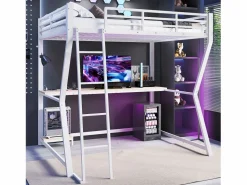 Best Cama alta de 140 x 200 cm - Cama para adultos con iluminación LED y USB, escritorio - - colchón no incluido Blanco