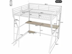 Best Cama alta de 140 x 200 cm - Cama para adultos con iluminación LED y USB, escritorio - - colchón no incluido Blanco