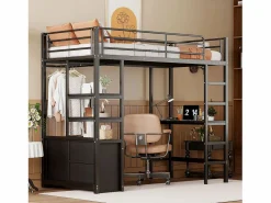 Hot Cama alta de 90 x 200 cm - Cama para adultos con puertos USB - Negra - Con escritorio - Sin colchón Cama Alta