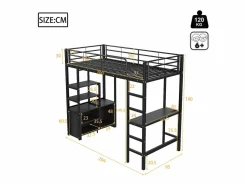 Hot Cama alta de 90 x 200 cm - Cama para adultos con puertos USB - Negra - Con escritorio - Sin colchón Cama Alta