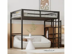 Clearance Cama alta de 140 x 200 cm - con estantes y somier - metal - colchón no incluido Cama Alta