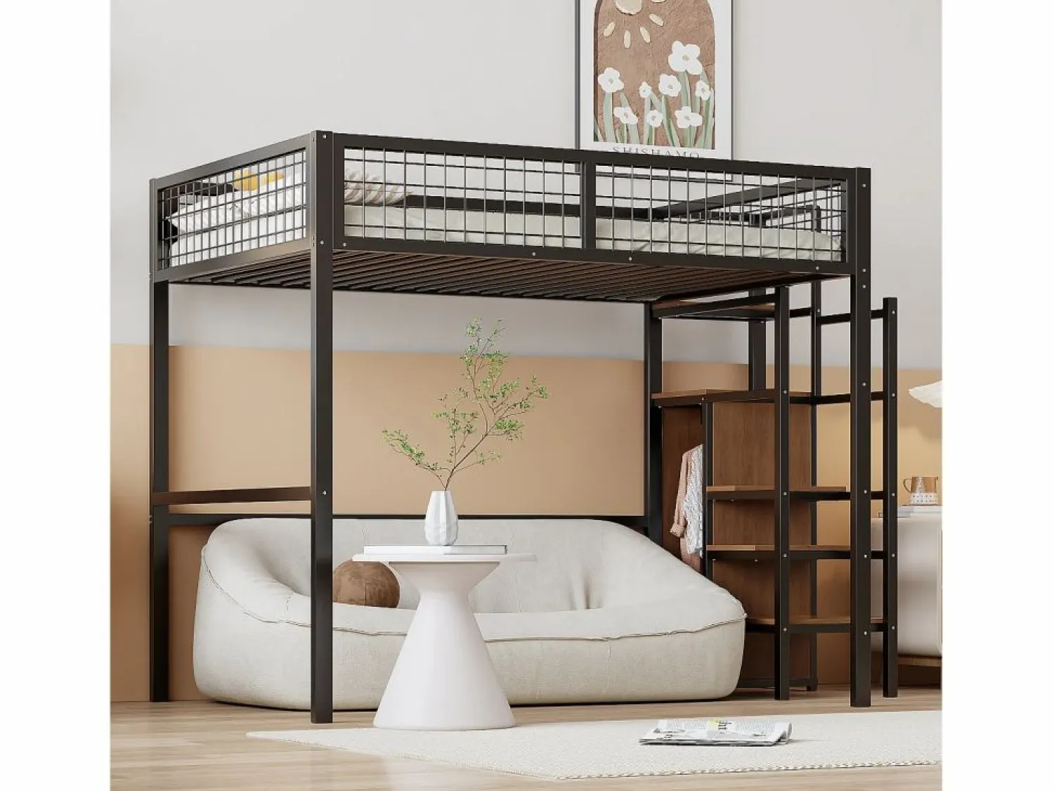 Clearance Cama alta de 140 x 200 cm - con estantes y somier - metal - colchón no incluido Cama Alta