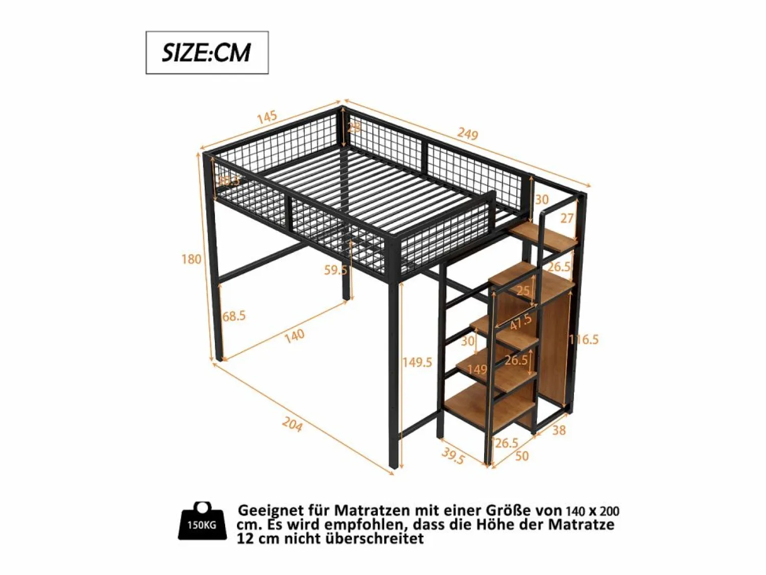 Clearance Cama alta de 140 x 200 cm - con estantes y somier - metal - colchón no incluido Cama Alta