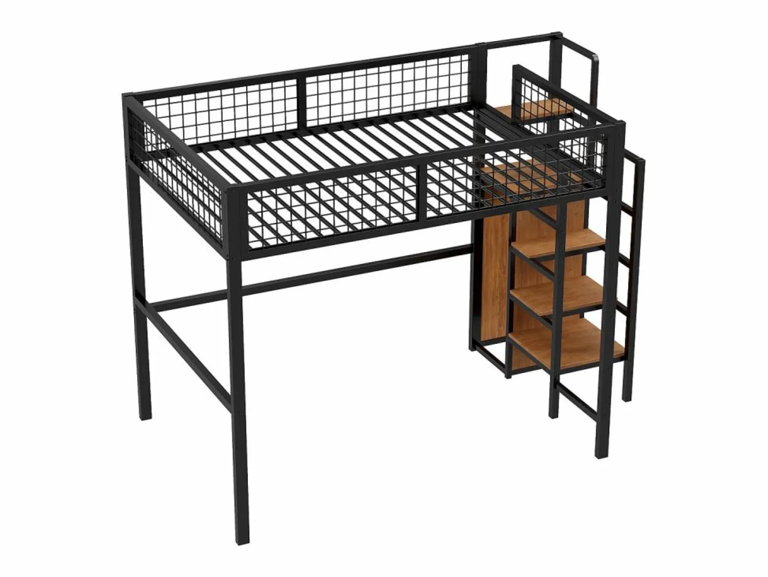 Clearance Cama alta de 140 x 200 cm - con estantes y somier - metal - colchón no incluido Cama Alta