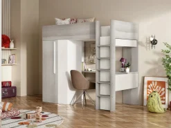 Clearance Vente-unique Cama alta de 90 x 200 cm con armario y escritorio en gris natural y blanco + colchón - NICOLAS Gris claro / Blanco