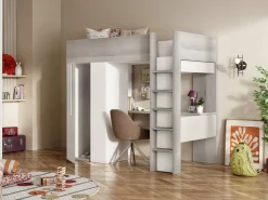 Clearance Vente-unique Cama alta de 90 x 200 cm con armario y escritorio en gris natural y blanco + colchón - NICOLAS Gris claro / Blanco