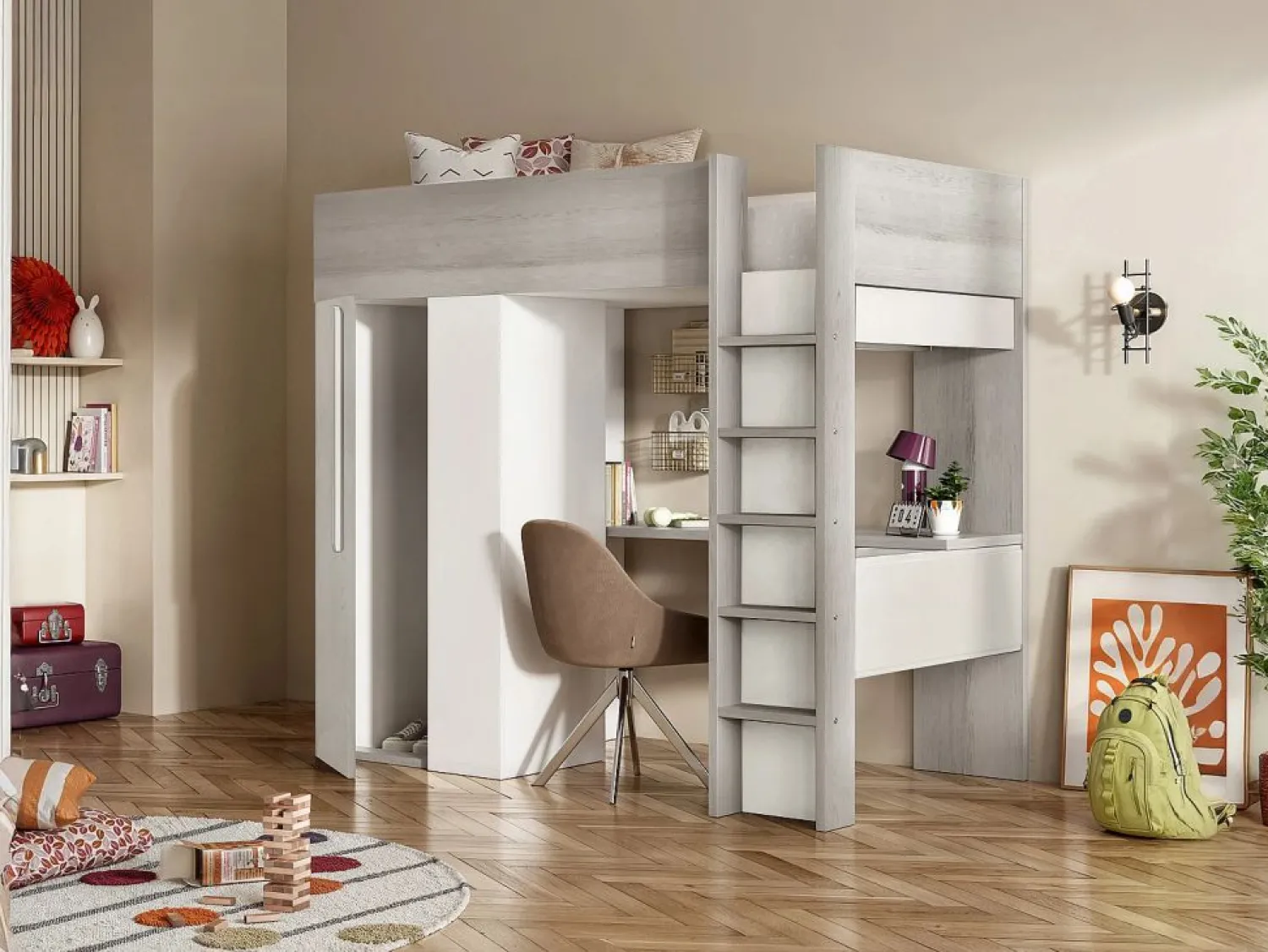 Clearance Vente-unique Cama alta de 90 x 200 cm con armario y escritorio en gris natural y blanco + colchón - NICOLAS Gris claro / Blanco