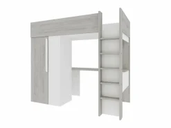 Clearance Vente-unique Cama alta de 90 x 200 cm con armario y escritorio en gris natural y blanco + colchón - NICOLAS Gris claro / Blanco