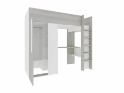 Clearance Vente-unique Cama alta de 90 x 200 cm con armario y escritorio en gris natural y blanco + colchón - NICOLAS Gris claro / Blanco